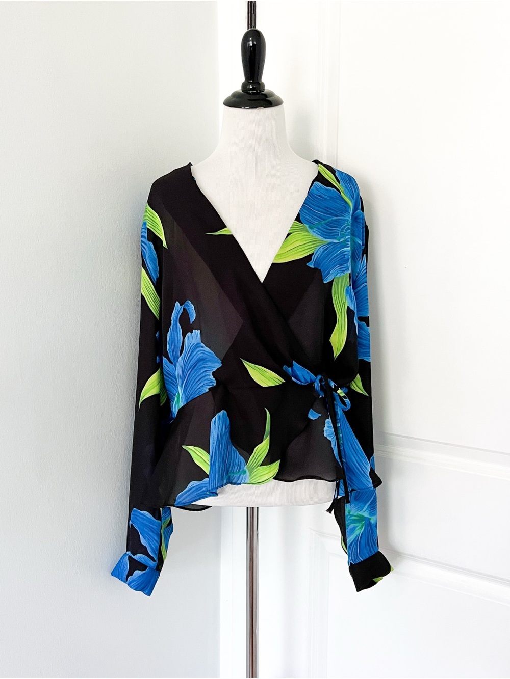 Vintage John Roberts Black Floral Wrap Blouse with Blue Flowers